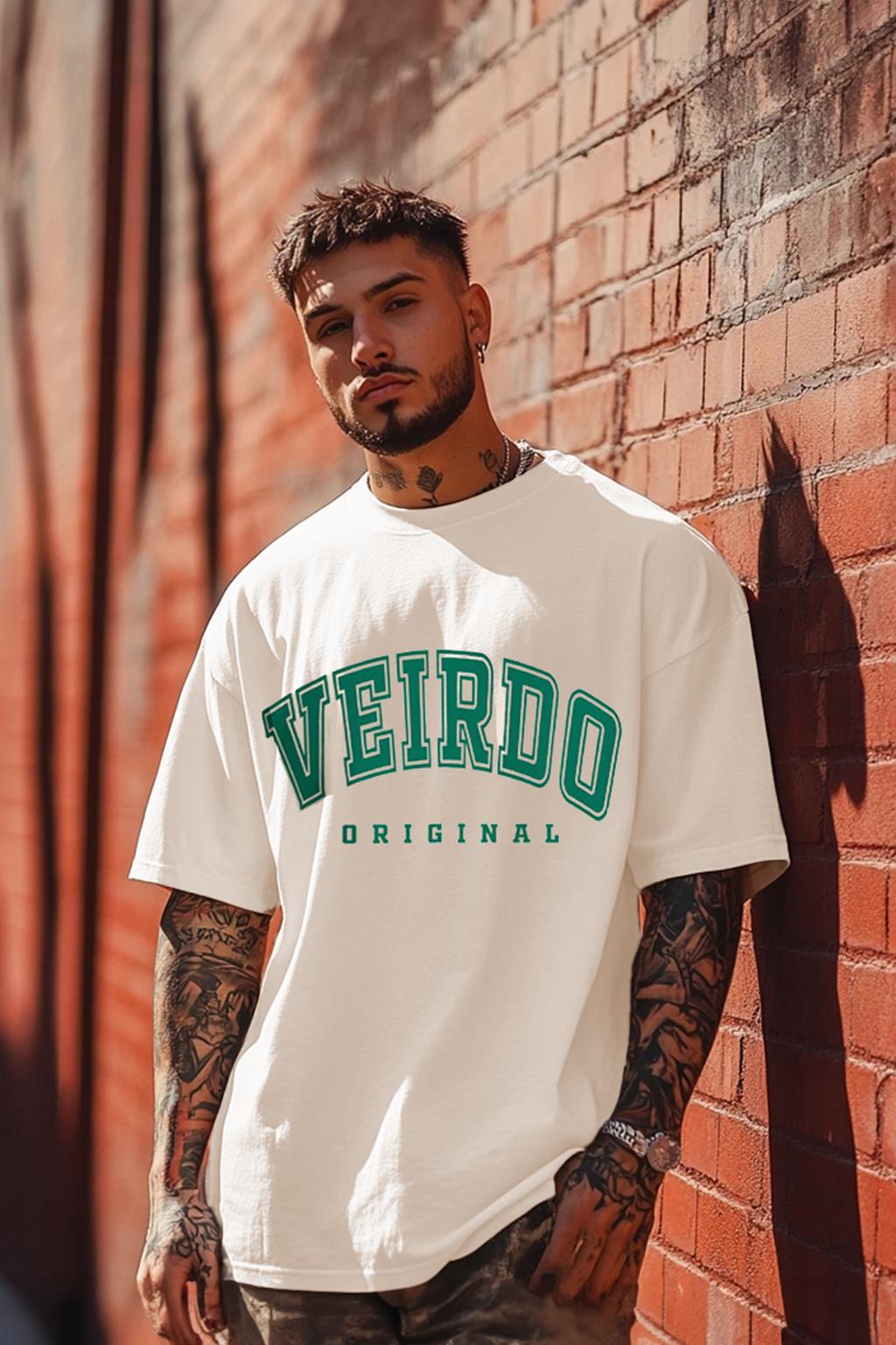 Veirdo Original Beige Oversized Typography Brand Printed Tshirt