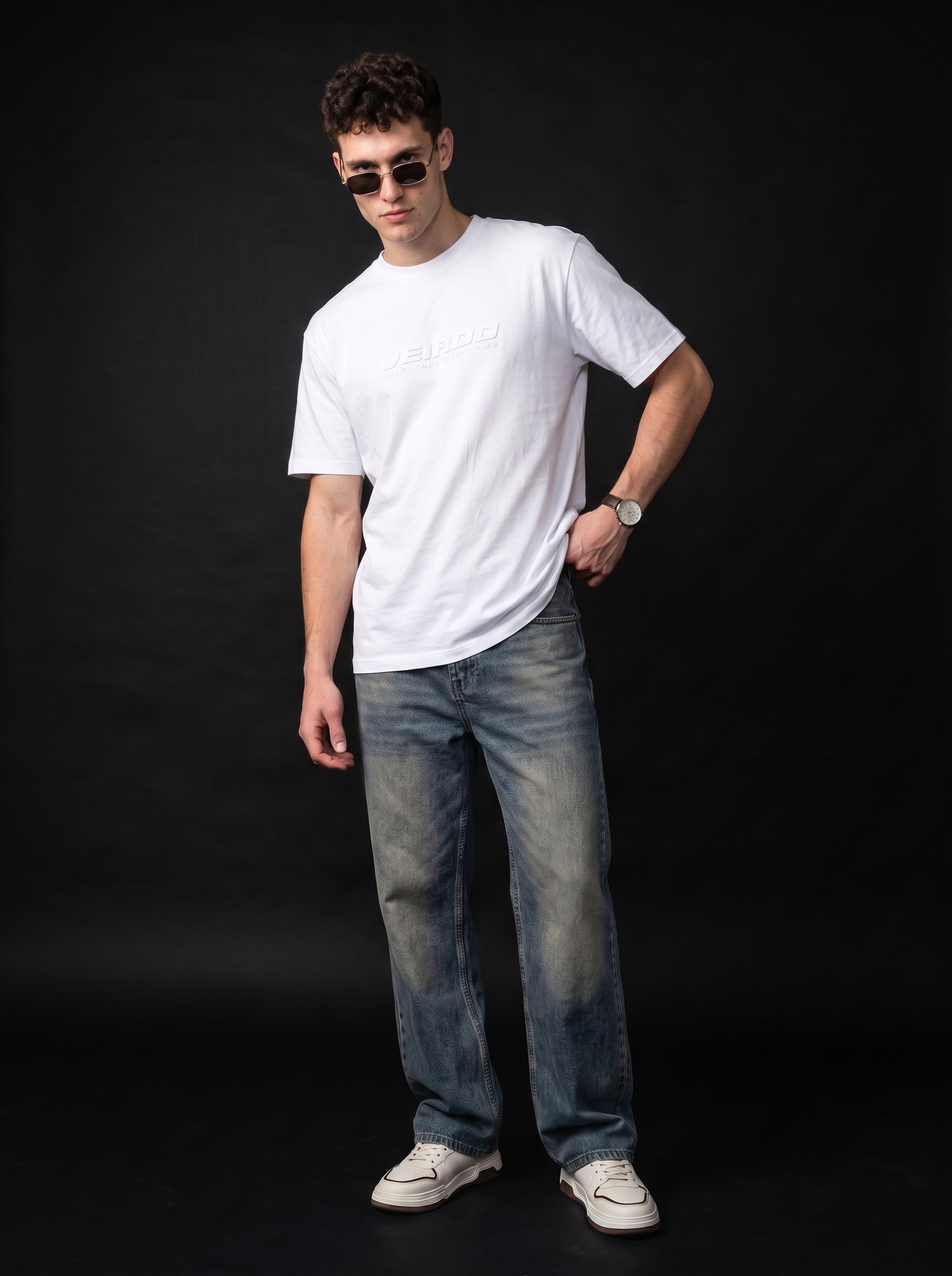 Veirdo White Embossed Oversized Plain T-Shirt
