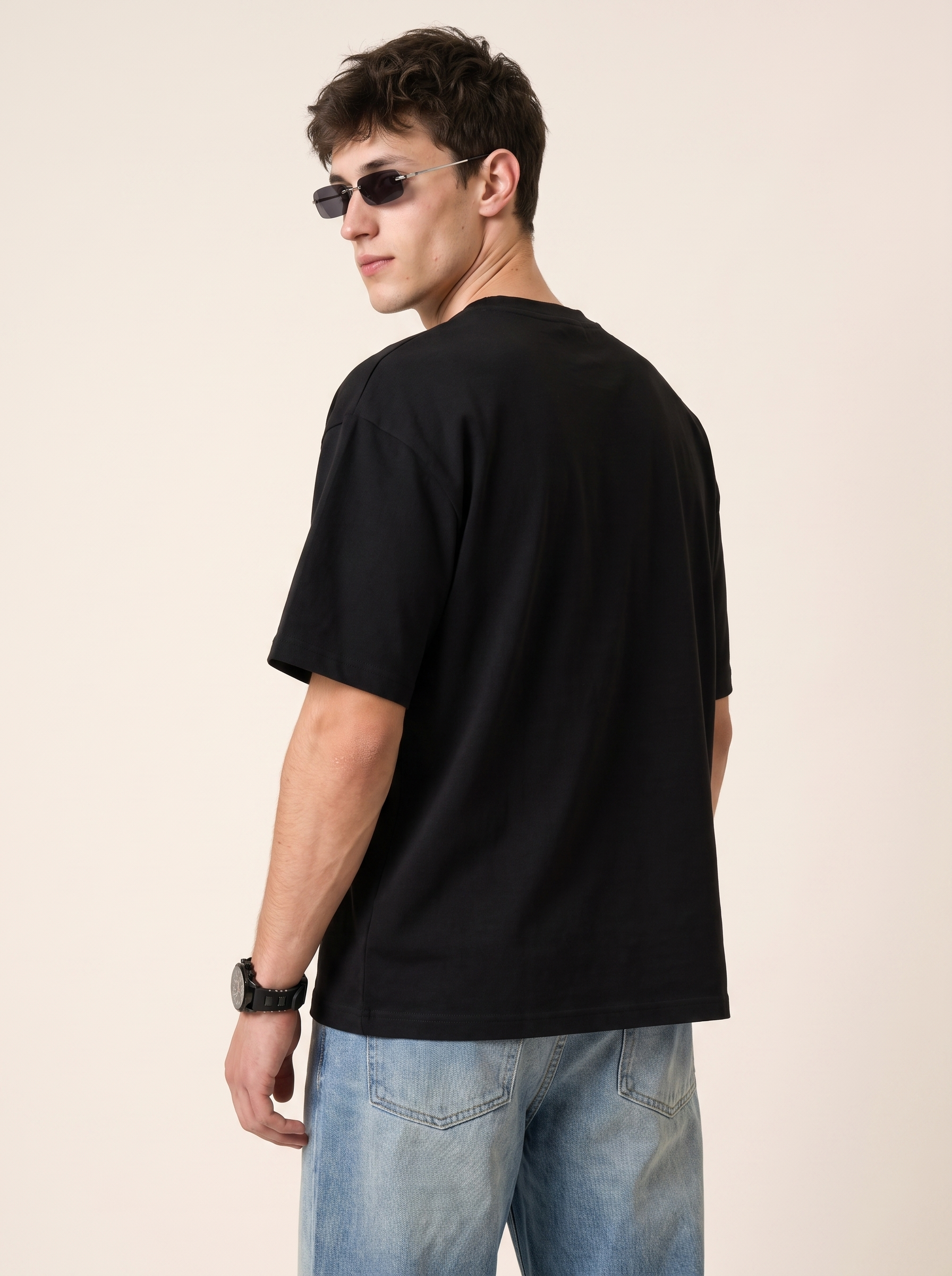 Veirdo Black Embossed Oversized Plain T-Shirt
