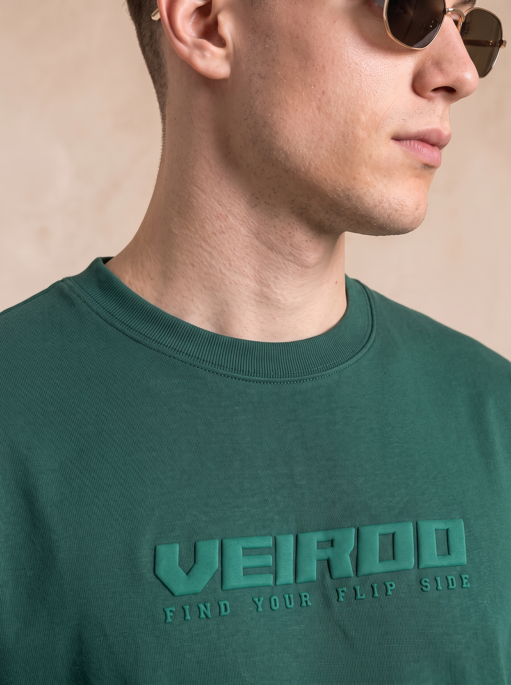 Veirdo Green Embossed Oversized Plain T-Shirt