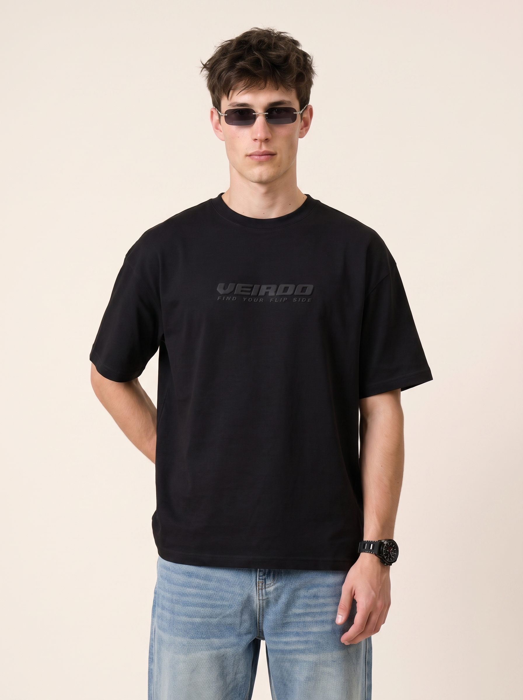 Veirdo Black Embossed Oversized Plain T-Shirt