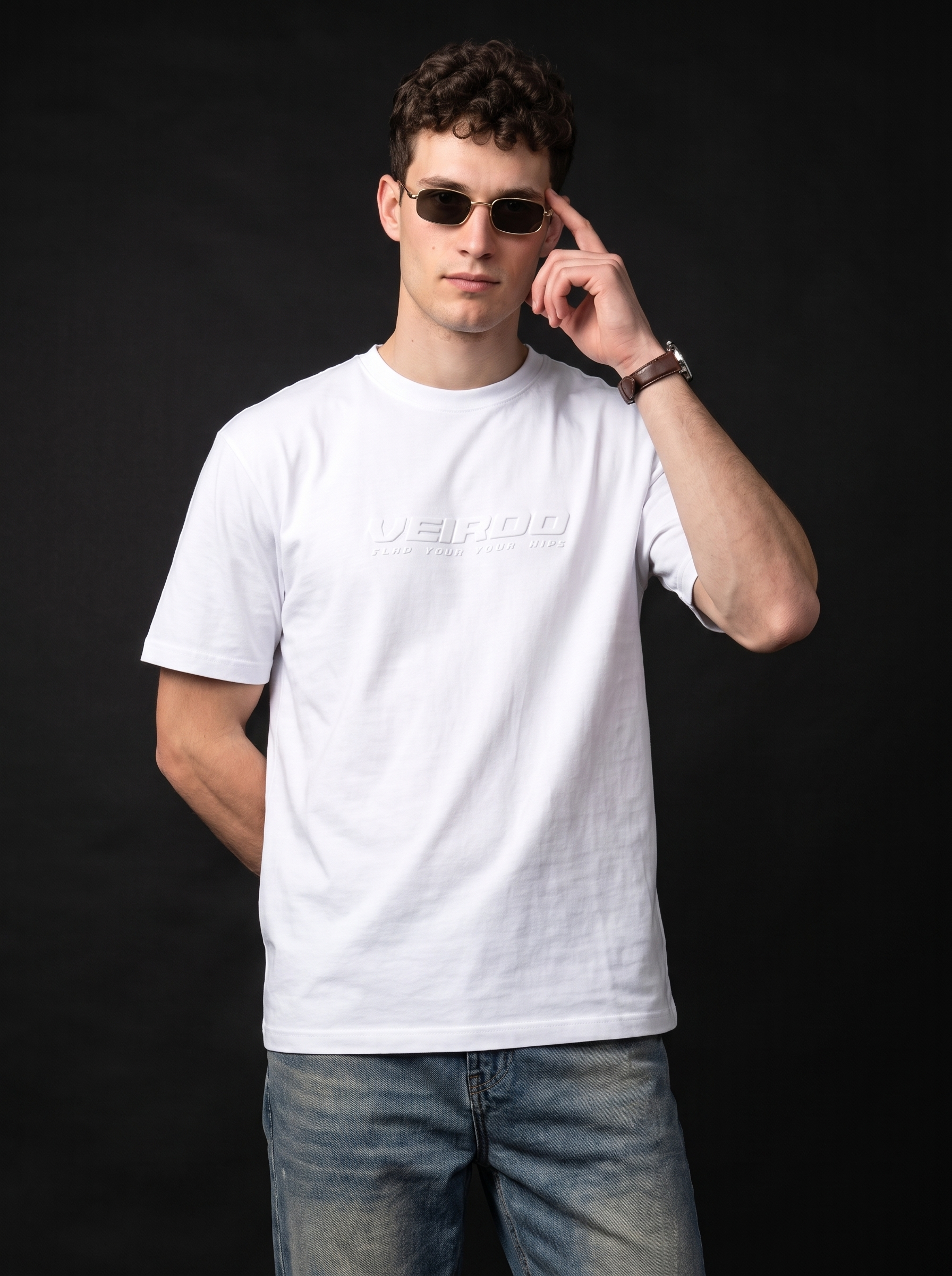 Veirdo White Embossed Oversized Plain T-Shirt