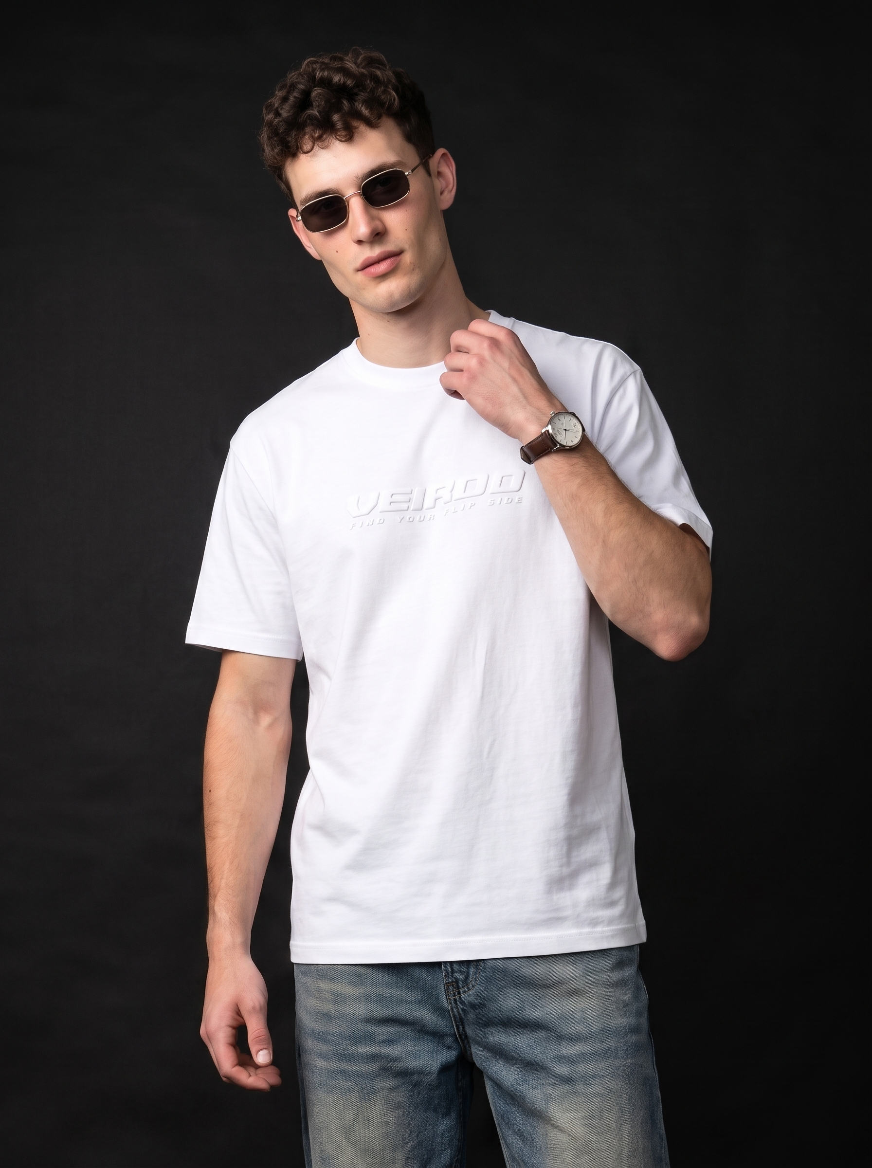 Veirdo White Embossed Oversized Plain T-Shirt
