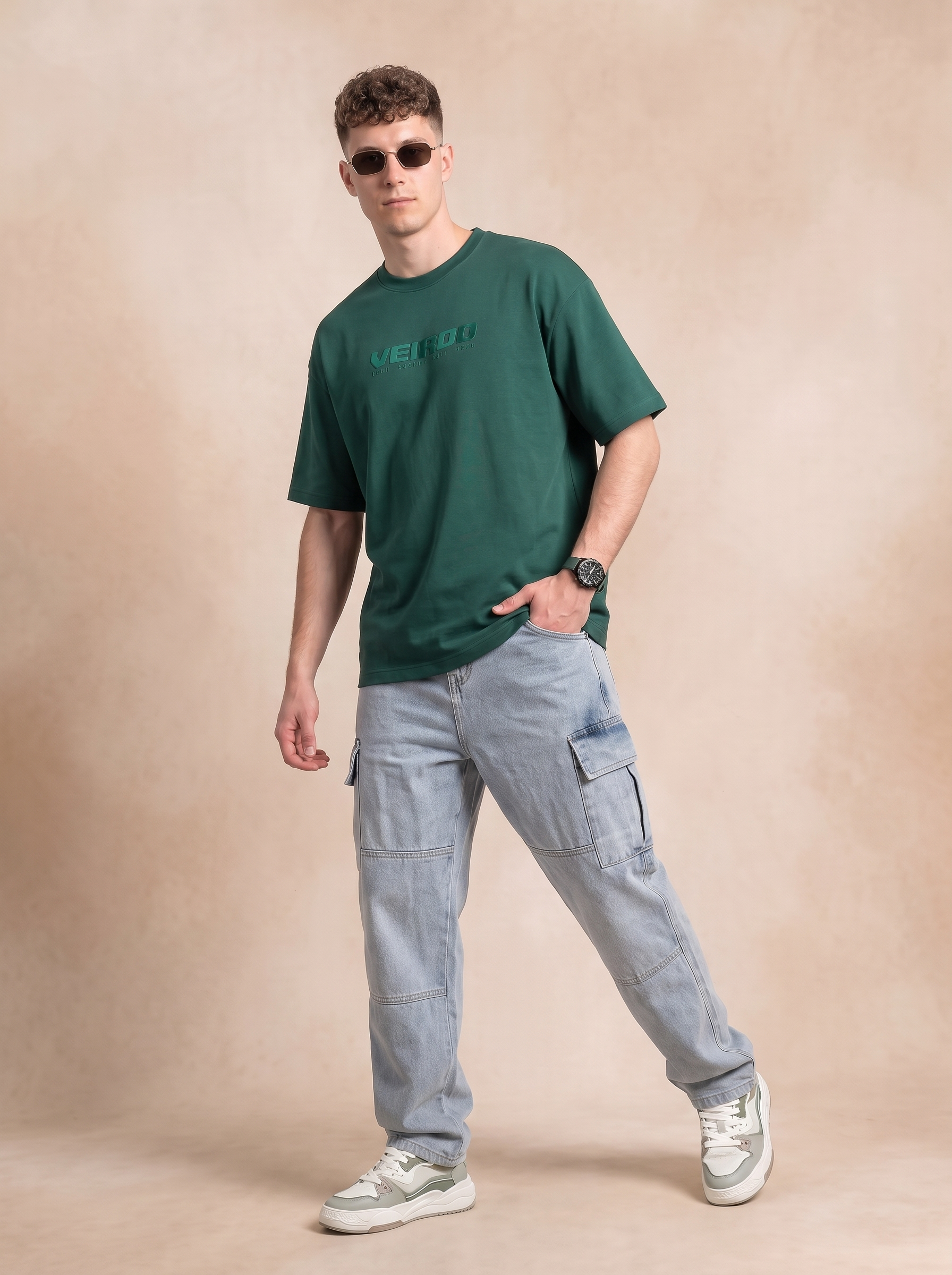 Veirdo Green Embossed Oversized Plain T-Shirt